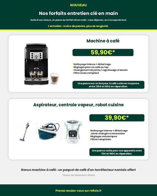 Forfaits entretien Reficio : machine à café 59,90 €, aspirateur, centrale vapeur et robot cuiseur 39,90 €